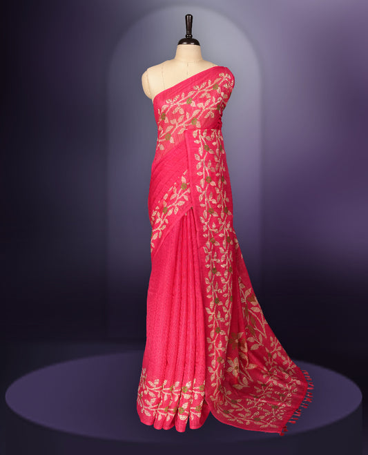 Magenta colour saree with elegant beige & green colour leaf & flower work and subtle texture & Paired with a matching blouse, its perfect for festive events, receptions, or traditional gatherings with a touch of grace.