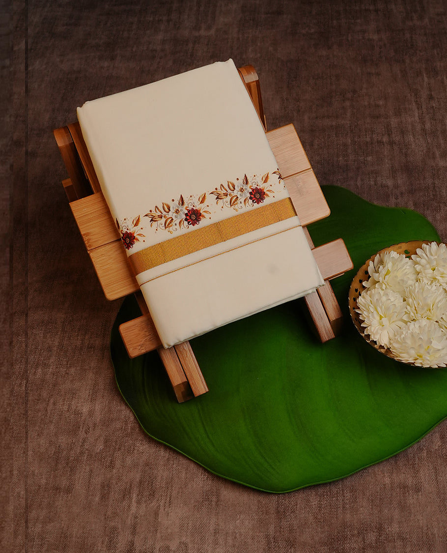 Off White Colour Cotton Double Dhoti Finished With A Classic Gold & Floral Digital printed kara.