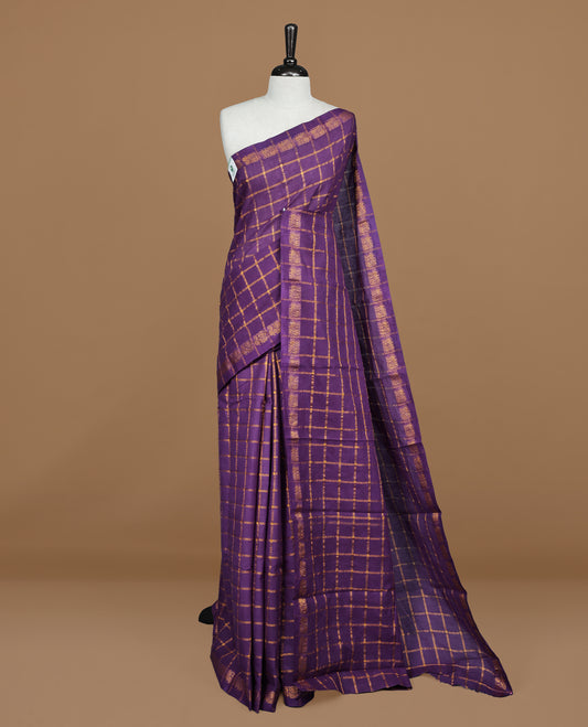 Violet colour Sungudi cotton saree featuring Gold zari Check pattern on body, Gold zari Peacock design on Self colour border, paired with matching blouse piece.
