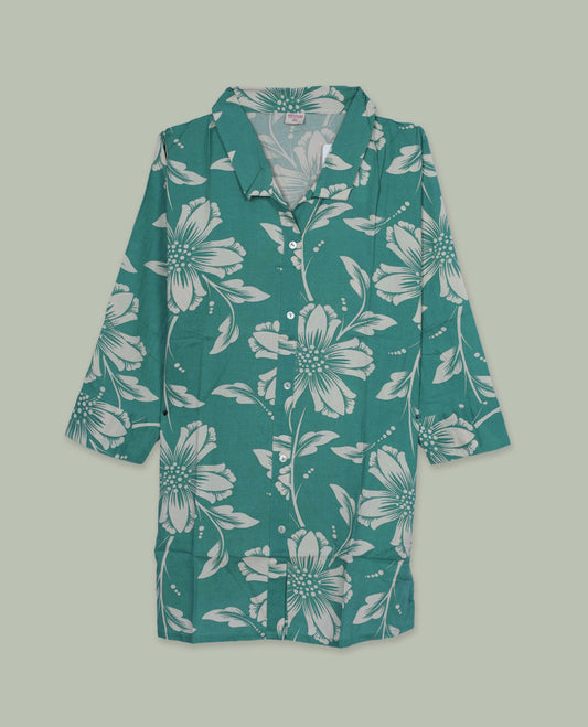 Teal colour floral printed shirt dress featuring a classic shirt collar, full button-down placket, long sleeves with cuff detail, and a straight knee-length silhouette.