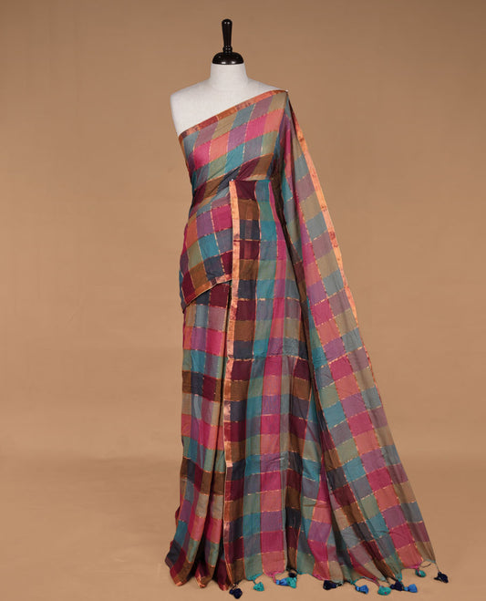 Mustard, Blue & Pink mul cotton saree featuring a vibrant multi colour check patterned, without blouse piece.
