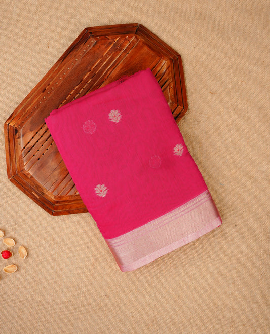 Rani pink colour Maheshwari cotton saree, gold zari floral motifs on body, complement light pink colour gold zari border comes with matching blouse.