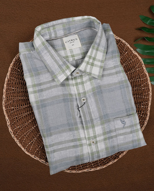 Blue & Green colour checked cotton shirt featuring soft white highlights, a classic collar, and full sleeves, Perfect for a smart-casual look that balances comfort and timeless style.