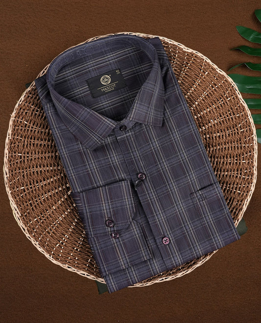 Dark navy blue colour checkered shirt with subtle beige and grey lines, Features full sleeves, buttoned cuffs, and a smart casual look.