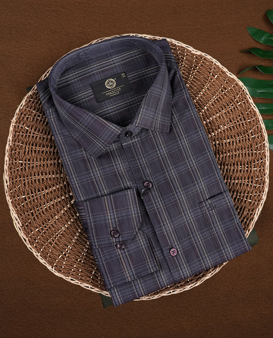 Dark navy blue colour checkered shirt with subtle beige and grey lines, Features full sleeves, buttoned cuffs, and a smart casual look.