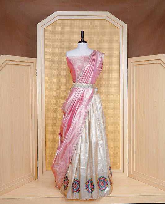 Light gold & Light Pink Semi Stitched Dhavani Set Light Gold Skirt With Floral Pattern With Stone Worked Border, Paired with Unstitched Blouse, Elegant Dupatta For Prefect look.