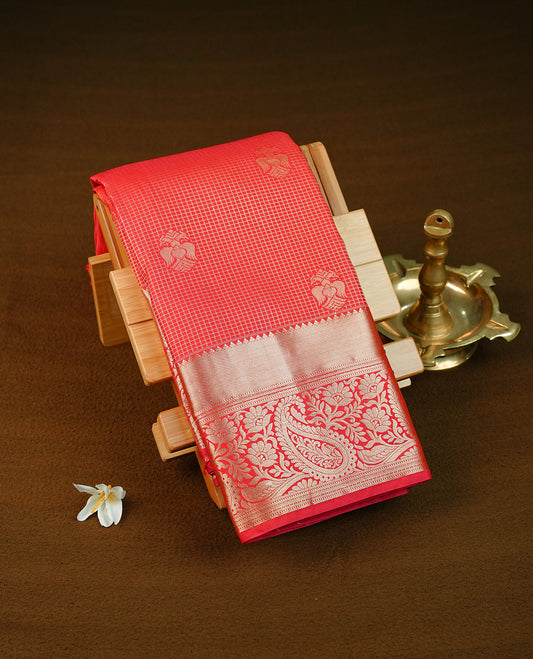 Red colour semi wedding saree featuring gold zari check with  motifs on body complemented by self colour with traditional border, comes with matching blouse piece.