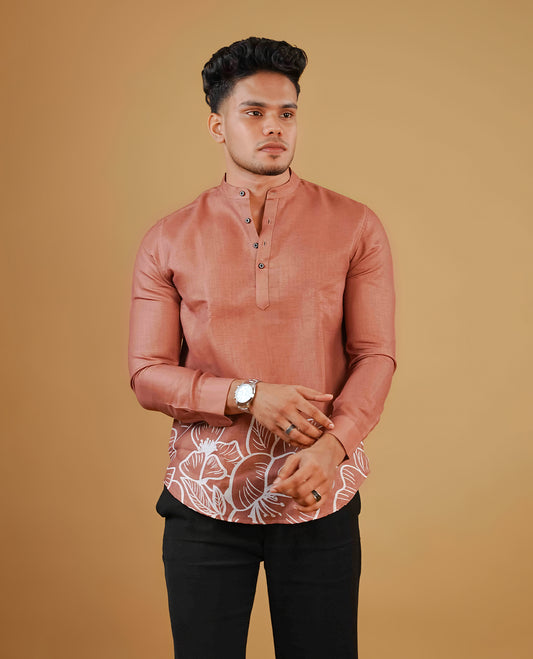 Brown colour men's kurta featuring elegant Print on the body, complemented by sleeves for a refined and festive look.