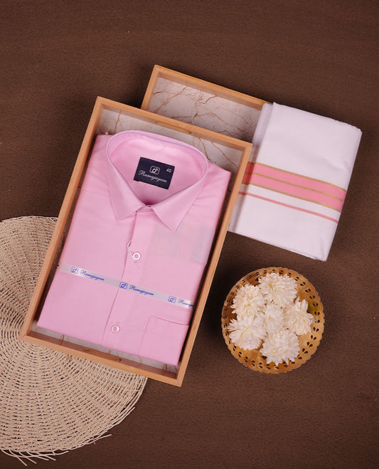 Light Pink Colour shirt paired with a matching dhoti, finished with a Pink and gold border.