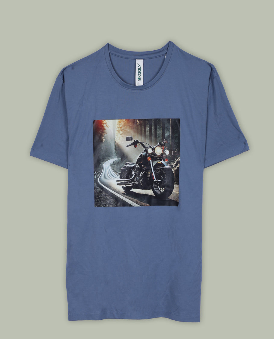 Greyish blue colour T shirt featuring a multicolour graphic print & designed with a classic round neck and short sleeves,made from soft breathable fabric for a comfortable and stylish everyday look.