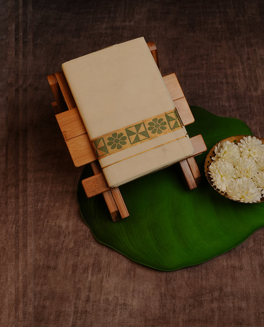 Cream Colour Cotton Double Dhoti Finished with Green Floral Work on Gold Kasavu Kara