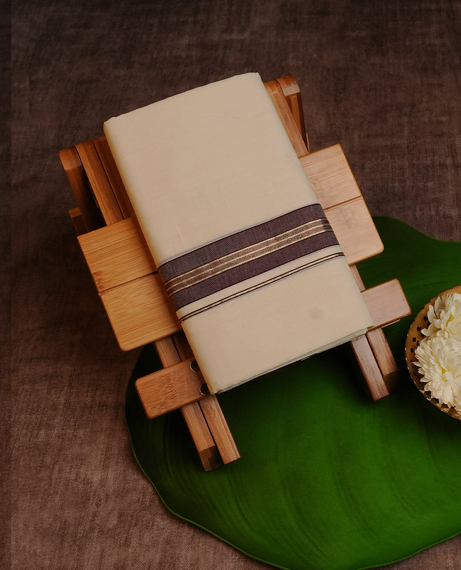 Cream colour Cotton Double dhoti featuring plain with Brown &  Gold kara.