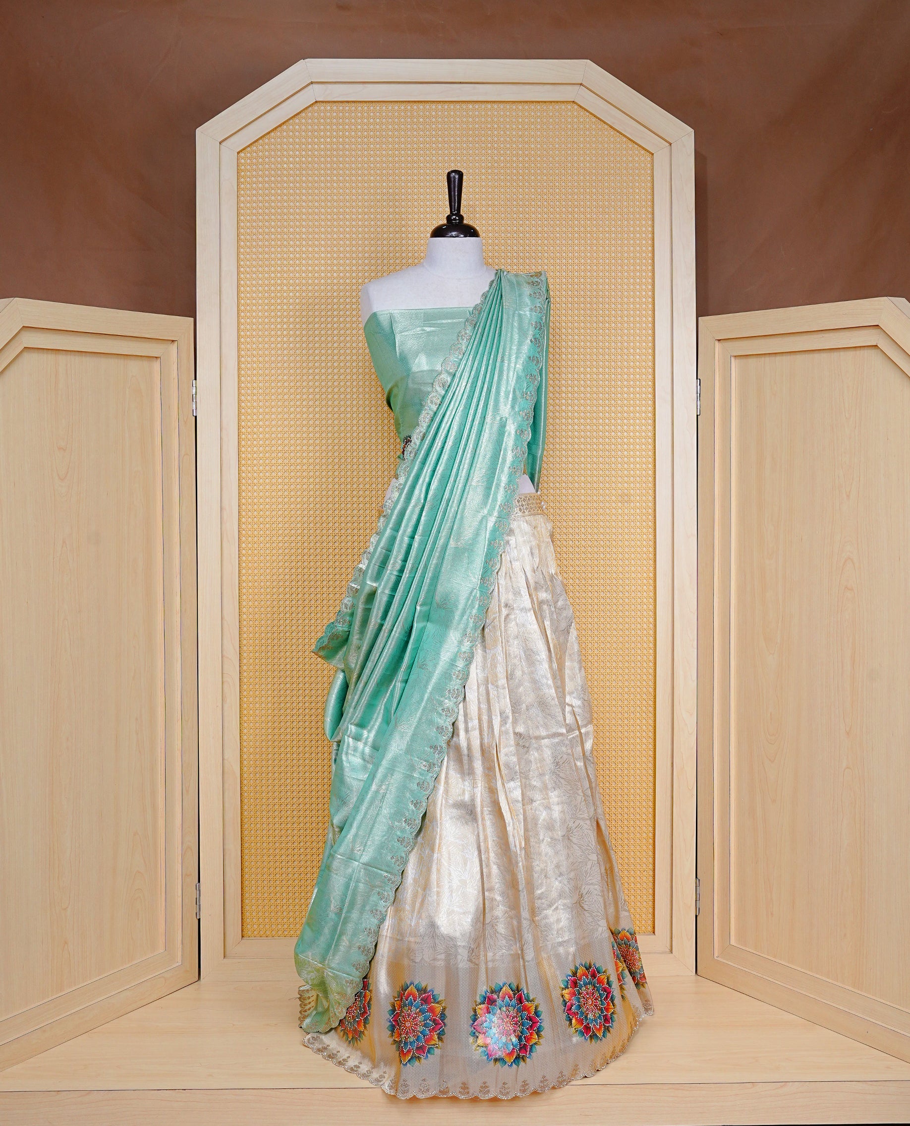 Light gold & Mint Semi Stitched Dhavani Set Light Gold Skirt With Floral Pattern With Stone Worked Border, Paired with Unstitched Blouse, Elegant Dupatta For Prefect look.