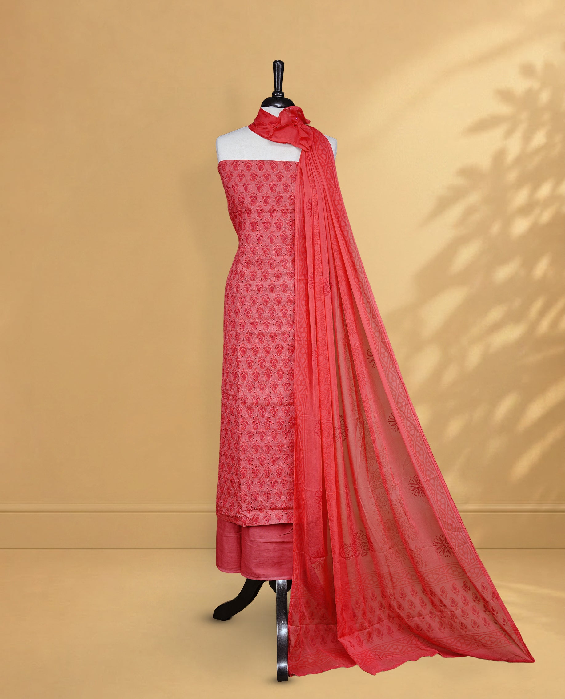 Red Colour Salwar Material Featuring Thread & Hokoda, Mango print Work On Body, paired with matching bottom & Dupatta.