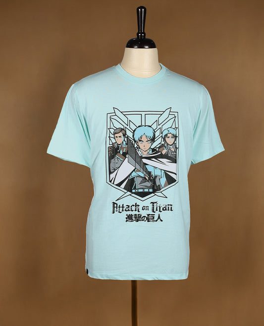 Aqua Blue colour men's T shirt featuring bold anime character print with Japanese text, made from soft fabric with half sleeves and a crew neck for a stylish and comfortable fit