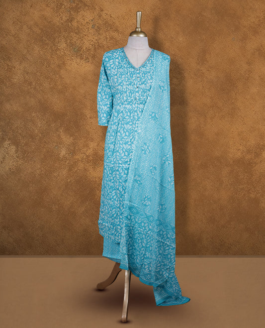 Sky Blue colour churidar set featuring cut beats embroidered neckline, sleeves, and White floral printed pattern on body , Paired with a matching dupatta