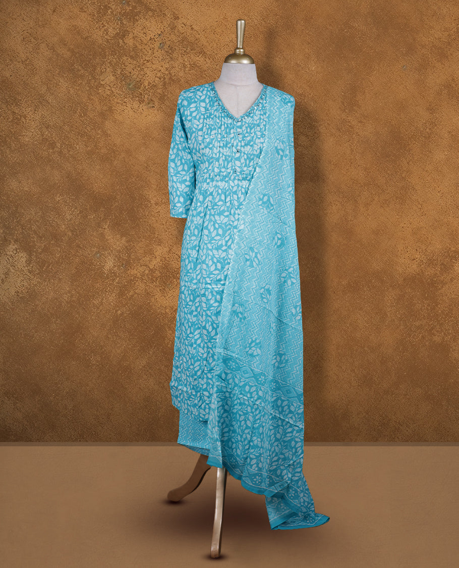 Sky Blue colour churidar set featuring cut beats embroidered neckline, sleeves, and White floral printed pattern on body , Paired with a matching dupatta