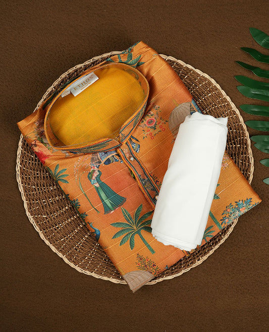 Rust Orange Colour Semi Silk Kurta Set featuring Vibrant Multicolour Digital Print with Traditional Motifs on the Body, Mandarin Collar with Contrast Detailing and Front Placket, Full Sleeves, and Paired with a Matching Solid White Bottom.