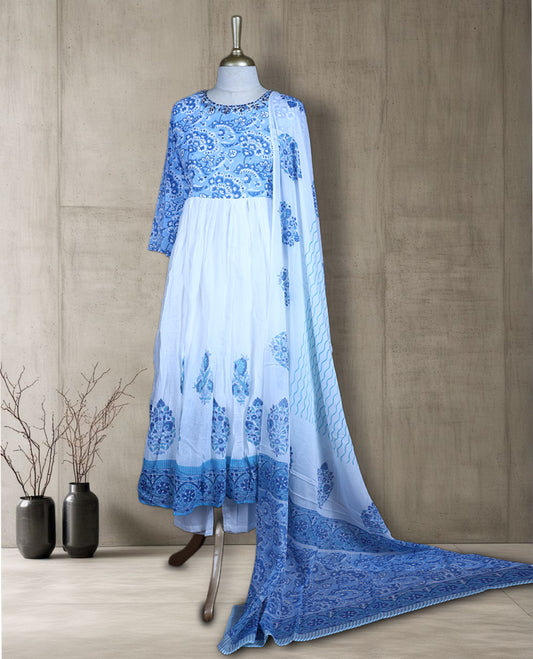Pastel blue & white colour salwar from TWARA, V neck with delicate sequin highlights and navy thread work on neck , all over floral prints on the top, paired with a matching bottom and an elegant dupatta.