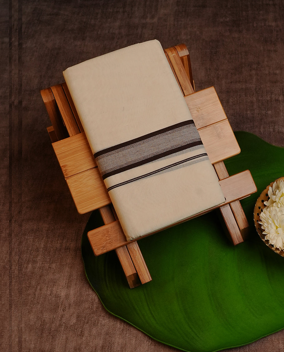 Cream  Colour Cotton Double Dhoti Finished With A Classic Body and Brown & Grey  Kara