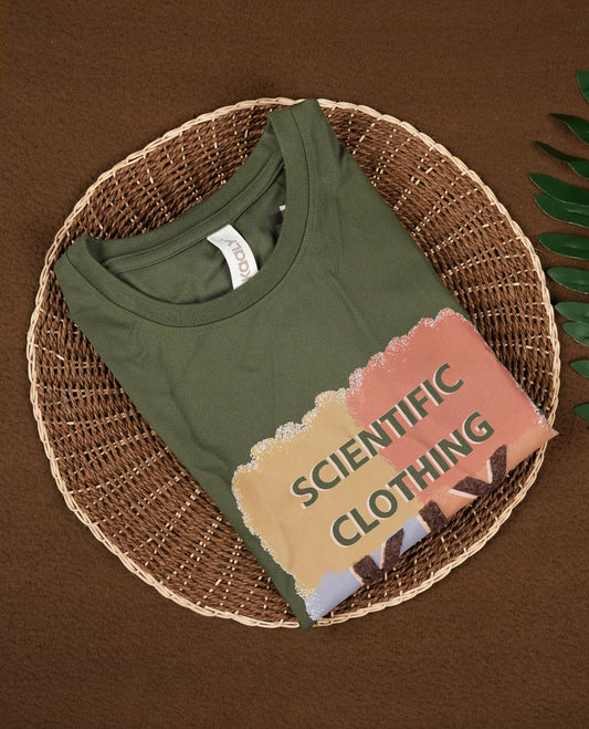 Dark olive green colour T shirt featuring a multicolour graphic print with a text &  designed with a classic round neck and short sleeves,made from soft breathable fabric for a comfortable and stylish everyday look.