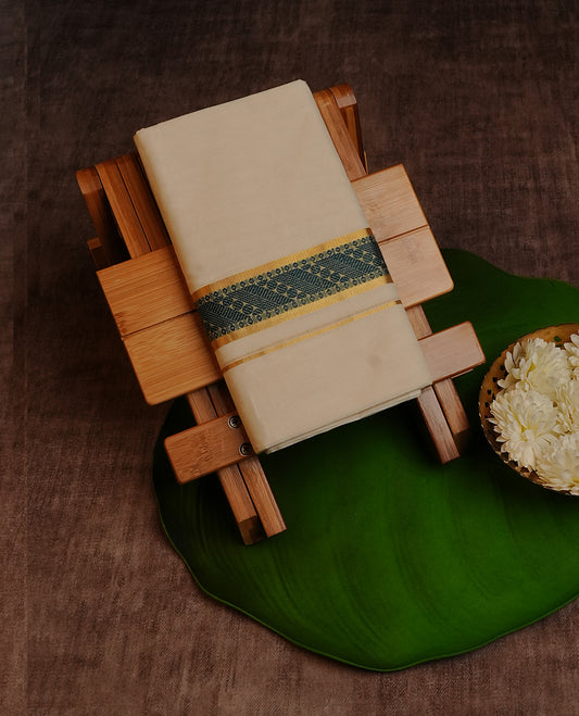 Cream Colour Cotton Double Dhoti Finished With A Classic Body , A  Teal & Gold Kasav Kara