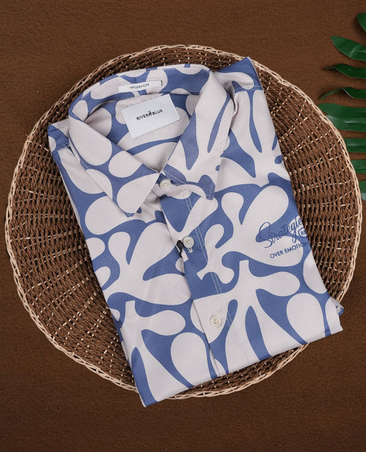 Blue colour shirt featuring a subtle self print design, Designed with a classic collar and full sleeves, it blends effortless style with everyday comfort.