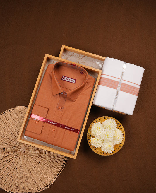 Brown Colour MINISTER WHITE shirt paired with a matching dhoti, finished with a Brown colour border.