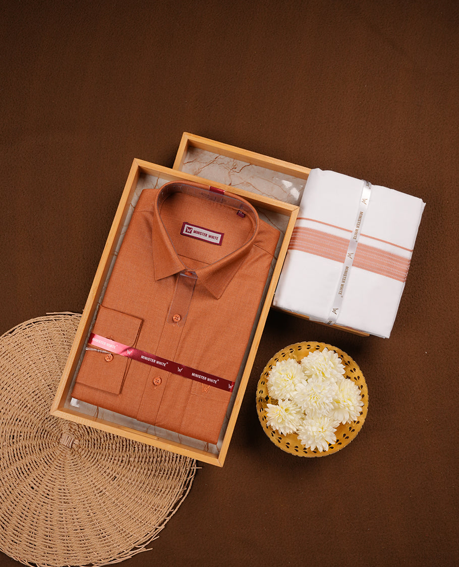 Brown Colour MINISTER WHITE shirt paired with a matching dhoti, finished with a Brown colour border.