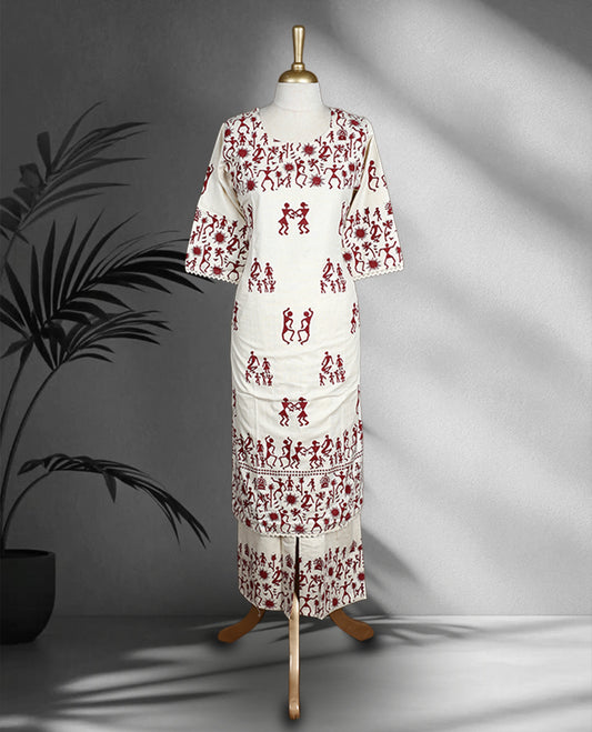 Off white colour cord set with deep maroon Warli inspired print, featuring a round neck top with elbow length sleeves and side slits, paired with matching straight fit pants.