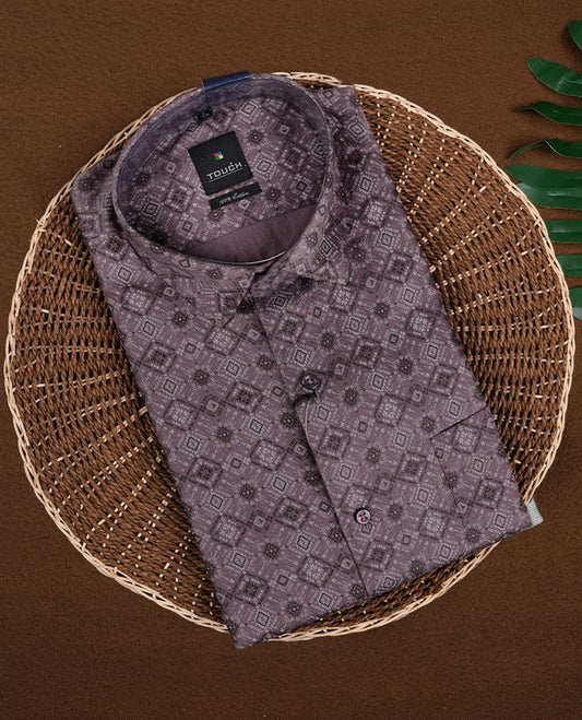Mauve colour patterned long sleeve shirt featuring an intricate geometric print, Made from smooth, lightweight fabric with a subtle sheen. Includes a classic collar and button down front.