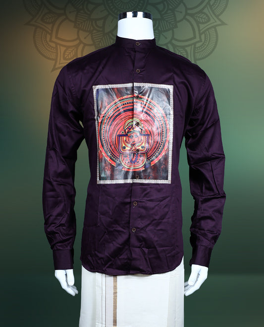 Deep purple men’s shirt crafted in a smooth finish, featuring a mandarin collar, full sleeves, and a striking multicolour traditional printed panel on the front, ideal for festive and cultural occasions.