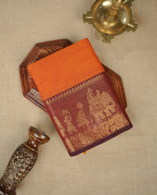 Rust Orange Colour Chettinad Cotton Saree Featuring a Plain Body, Complemented by a Maroon Colour Border with Traditional Gold Zari and a Contrast Colour Striped Pallu, Paired with a Matching Blouse Piece.