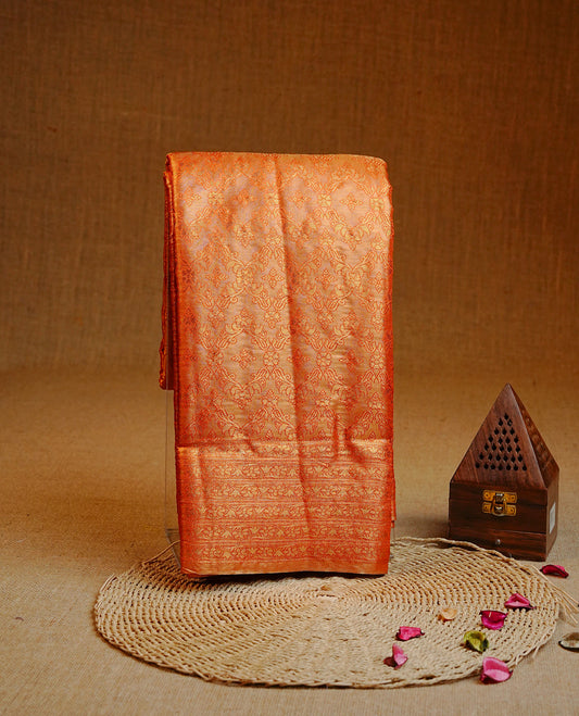 Orange & Gold colour Double shade Semi tissue silk saree featuring self color kodi pattern on body, self colour with traditional border, paired with matching.