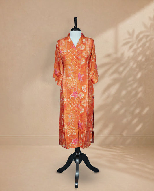 Orange Colour Kurti featuring Digital Prints & Stone Work On Body, a V-shaped neckline And  3/4 sleeves Design