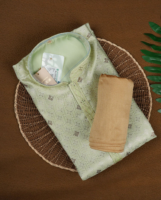 Mint Green Colour Semi Silk Kurta Set featuring Self Colour Woven Geometric Motifs on the Body, Subtle Sequin Accents, Mandarin Collar with Embellished Placket, Full Sleeves, and Paired with a Matching Beige Bottom.