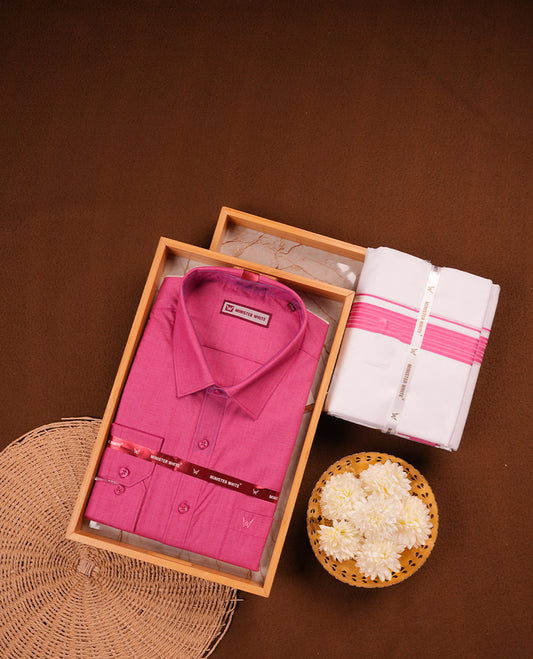 Rouge Colour MINISTER WHITE shirt paired with a matching dhoti, finished with a rouge colour border.