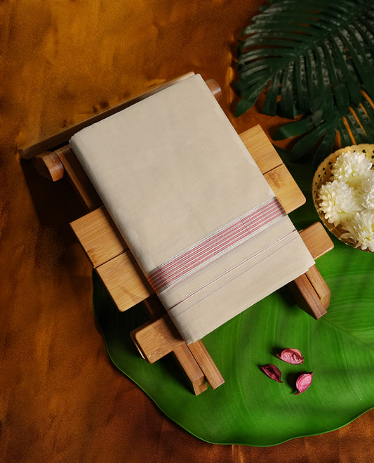 Beige colour cotton dhoti with a subtle peach & silver border, blending tradition with simplicity & Lightweight and comfortable, its perfect for rituals, cultural events, and festive celebrations.