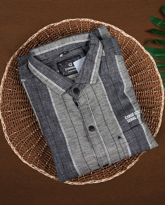 Grey colour striped shirt featuring a smart classic collar and comfortable full sleeves, Crafted in a soft fabric with a front button placket and minimal chest text print, giving a casual yet stylish appeal.