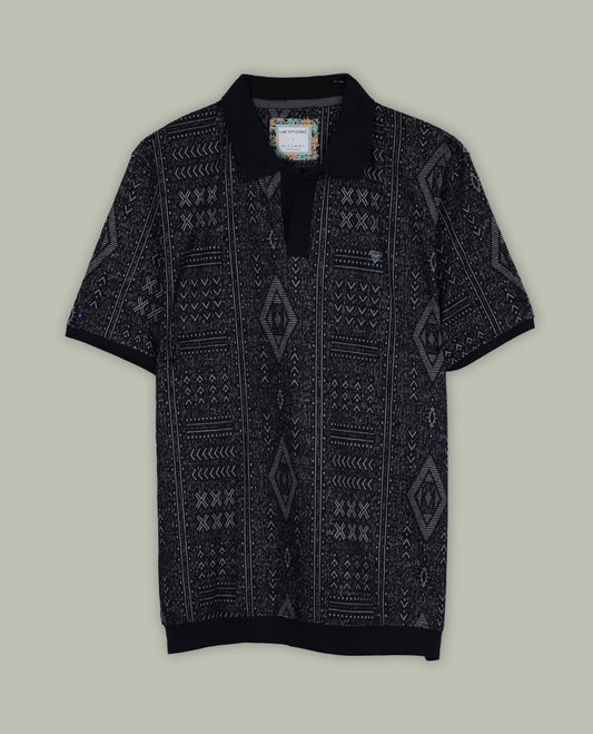 Black colour T shirt adorned with stylish geometric prints, featuring a smart shirt collar and comfortable short sleeves for a modern casual look.