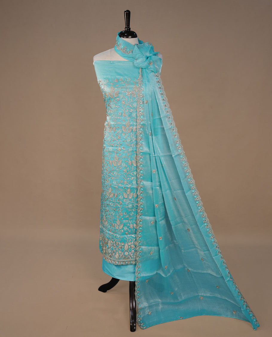 Powder blue colour churidhar material featuring Thread and stone work on body, paired with matching bottom and Dupatta.
