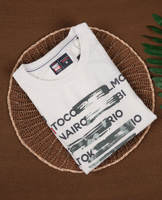 White men's graphic T shirt featuring bold text print inspired by Money Heist, with half sleeves and a crew neck, crafted from breathable soft fabric
