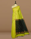 Lemon colour Mashwari cotton saree features elegant gold zari motifs across the body, a classic gold zari border, a striking contrast pallu, and a matching blouse piece.