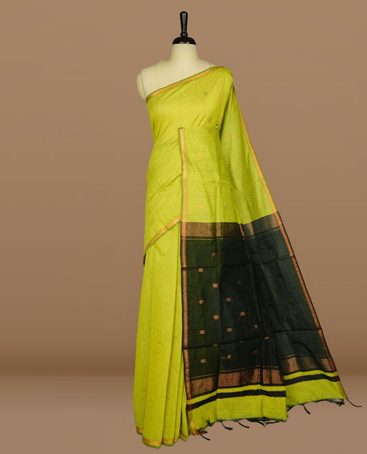 Lemon colour Mashwari cotton saree features elegant gold zari motifs across the body, a classic gold zari border, a striking contrast pallu, and a matching blouse piece.