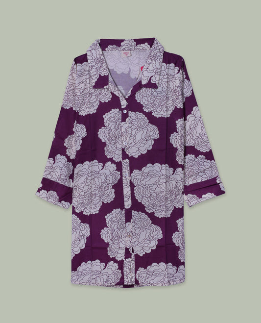 Wine Purple & Off-White Oversized Floral Printed Tunic Top with Shirt Collar, Short Button Placket & 3/4 Sleeves.