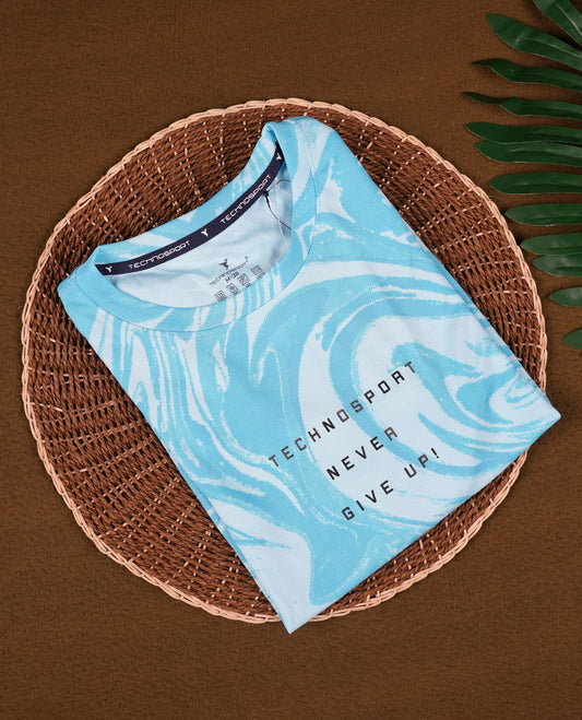 Sky blue colour T shirt featuring a subtle self print design, comfortable short sleeves, and a classic round neck for a casual, stylish look.