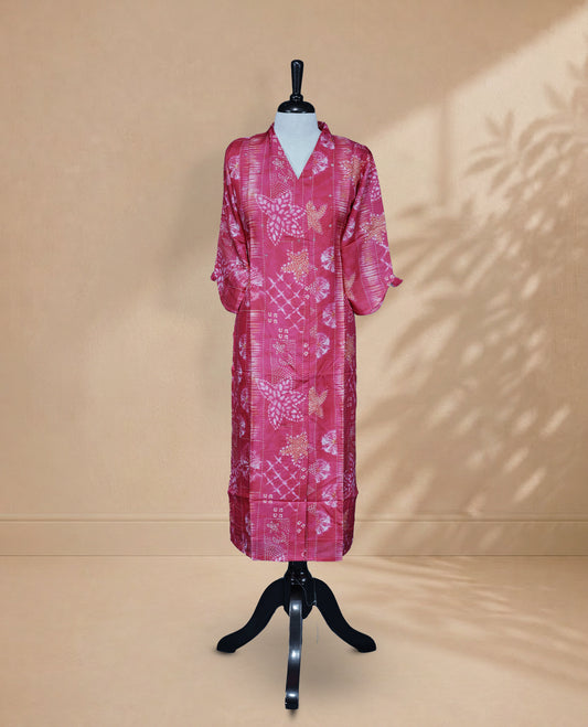 Pink Colour Kurti Featuring Digital Prints & Stone Work On The Body, V-Shaped Neckline, and 3/4 Sleeves