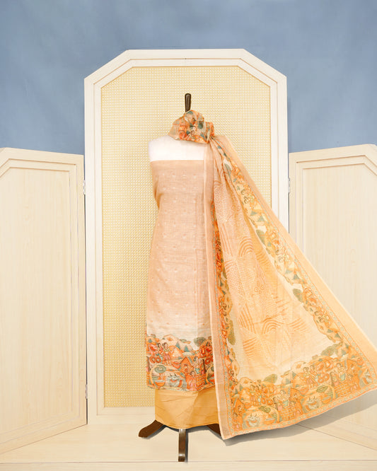 Light Brown Colour Organza Salwar matirial Features An artist Traditional Village Scene Print Patten Aborned With Shimmering Sequin Accents and metalic Lace Border Work, paired with a matching bottom & elegant Duptta