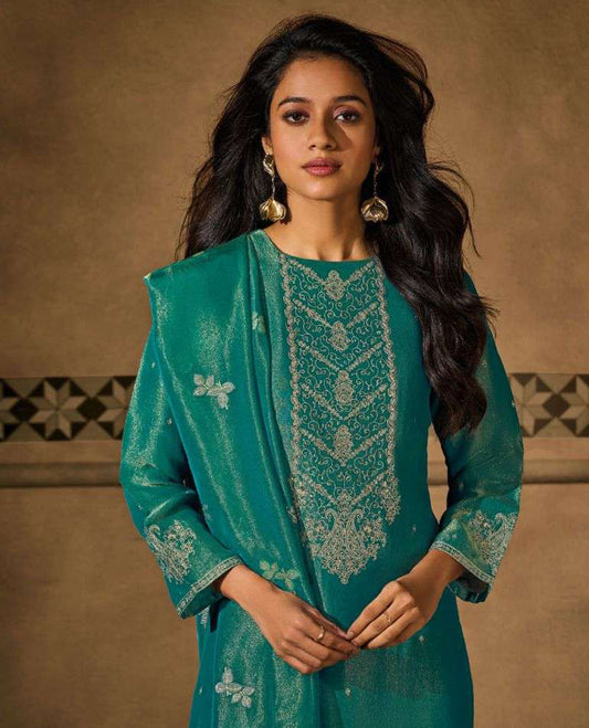 Mint colour suit material with silk tissue embroidered top featuring elegant handwork and detailed sleeve work, paired with matching satin bottom and a contrast colour lightweight printed dupatta