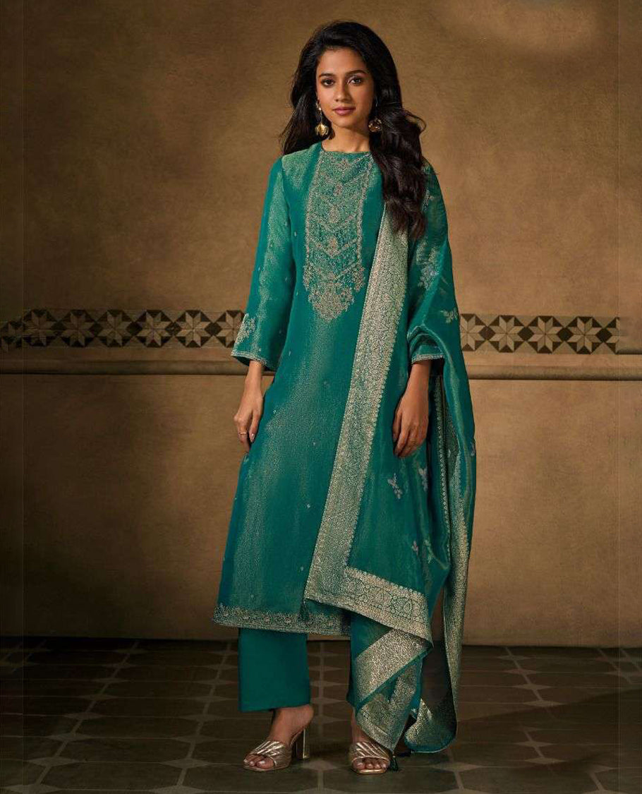 Mint colour suit material with silk tissue embroidered top featuring elegant handwork and detailed sleeve work, paired with matching satin bottom and a contrast colour lightweight printed dupatta